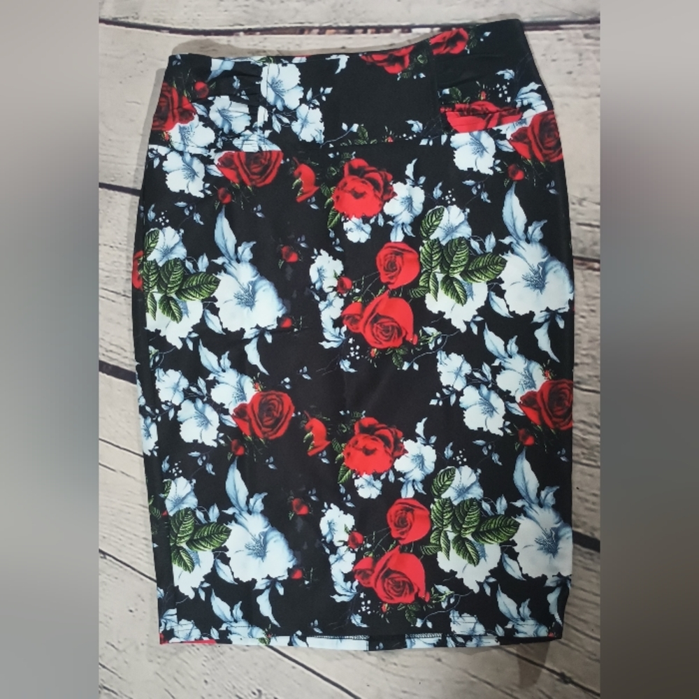 Vintage FloralPrint High-Rise Midi PencilSkirt Black - Picture 5 of 13